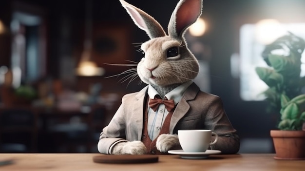 Кролик в костюме сидит за столом с чашкой кофе.