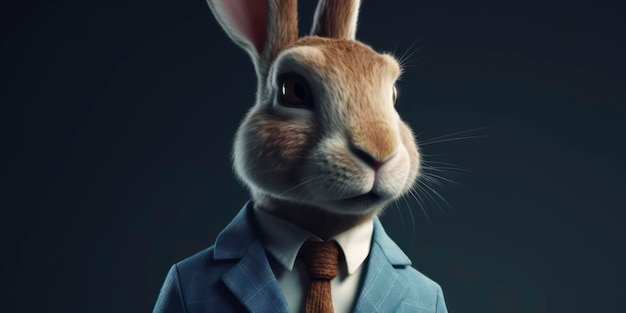 A rabbit in a suit stands in front of a dark background