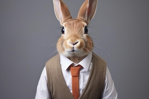 Rabbit in a suit and tie on a gray background Studio shot