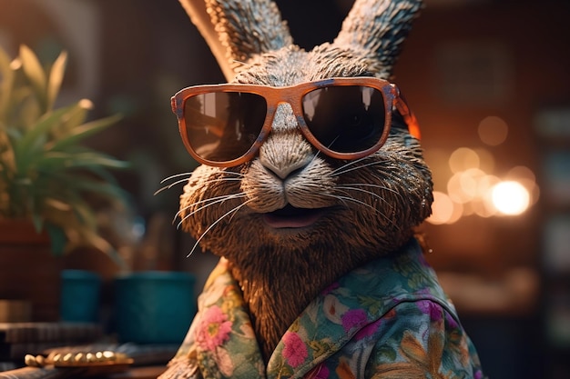 Кролик в солнцезащитных очках и футболке Генеративный ИИ