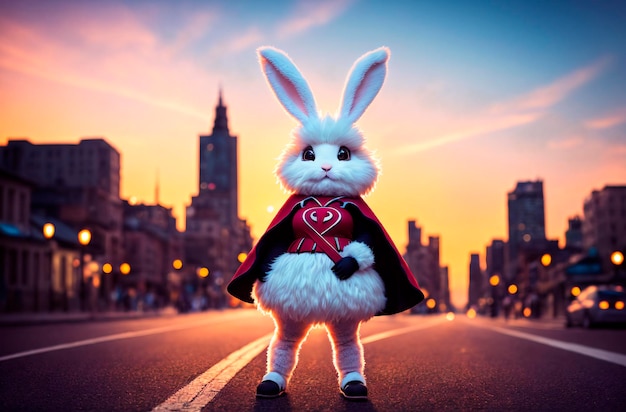 토끼 슈퍼히어로 환상적인 의상을 입은 흰 토끼 Generative AI