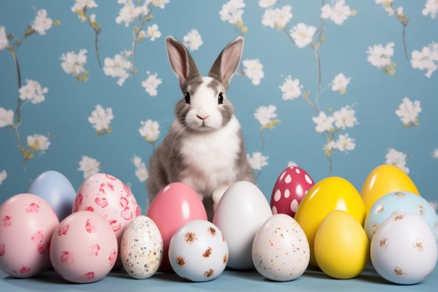 A rabbit surrounded by colorful Easter eggs The concept of Easter festivities