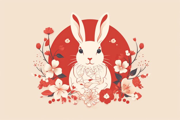 Photo rabbit surrounded by flowers against red backdrop chinese new year