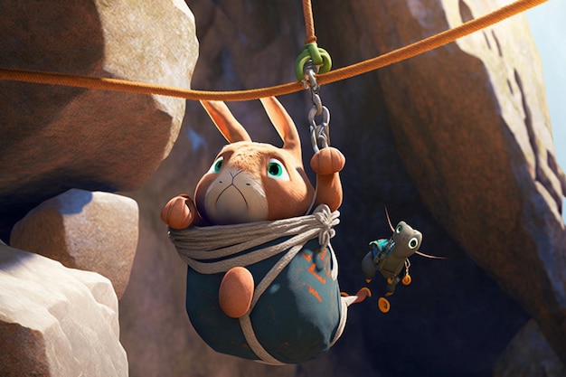 A rabbit on a swing with a mouse on it