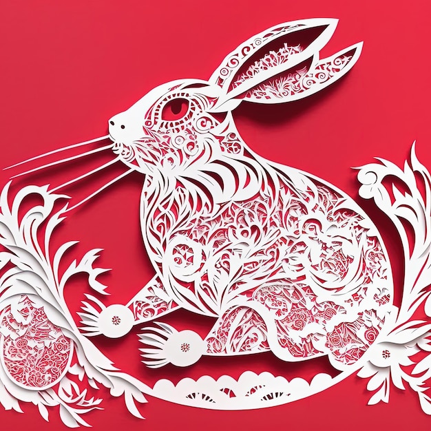 Кролик символ китайского лунного Нового 2023 года дизайн вырезки из бумаги Generative AI