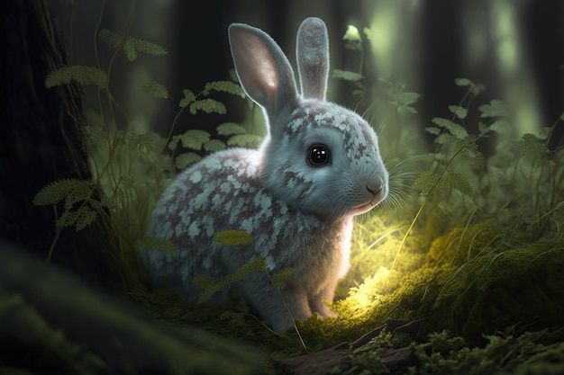 Rabbit symbol of Chinese new year is sitting in forest grass Magical fairytale forest rabbit in green vegetation closeup 3d illustration