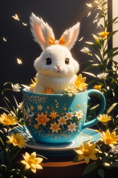 A rabbit in a tea cup with flowers and a rabbit in it