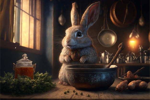 Rabbit that is sitting in a bowl generative ai