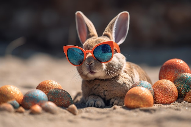 a rabbit that is wearing sunglasses and is resting down on the beach