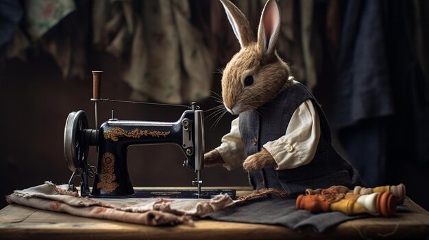 Photo a rabbit at tiny sewing machine background