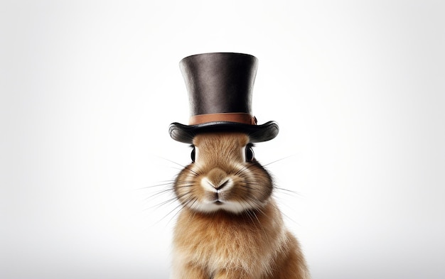 Photo rabbit in a top hat on white in 8k