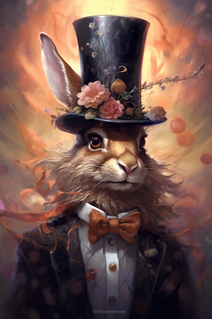 A rabbit in a top hat with a flower on it.