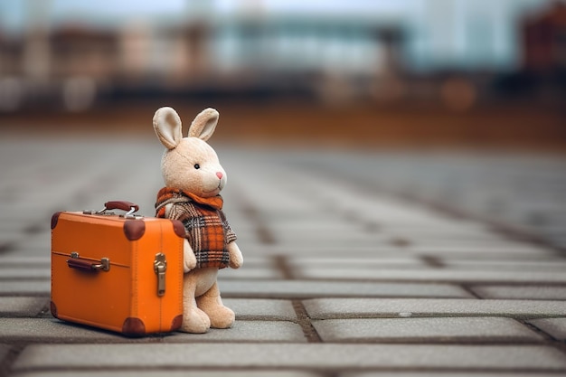 Rabbit toy with suitcase on railway station Travel and vacation concept