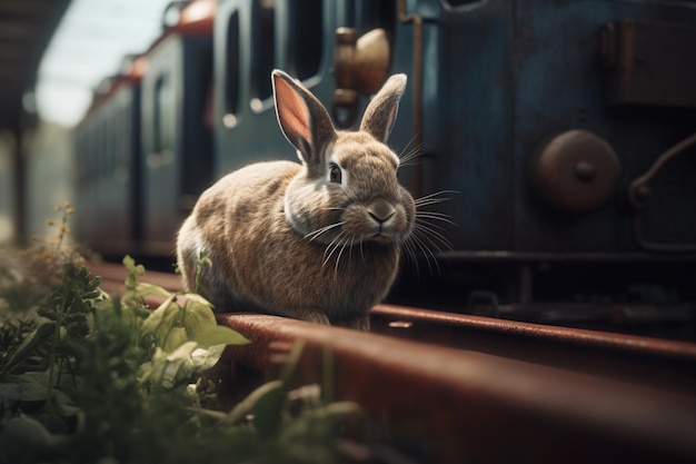 A rabbit on a track with a train in the background