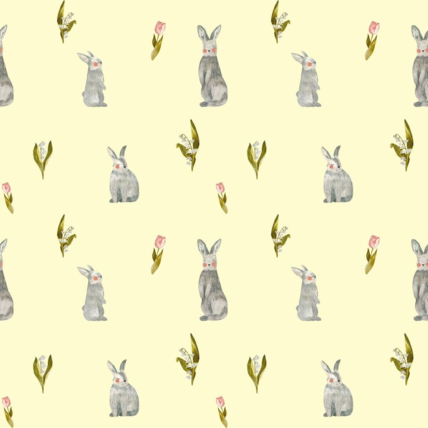 Rabbit tulip pink snowdrop yellow seamless pattern. A watercolor illustration. Hand drawn texture.