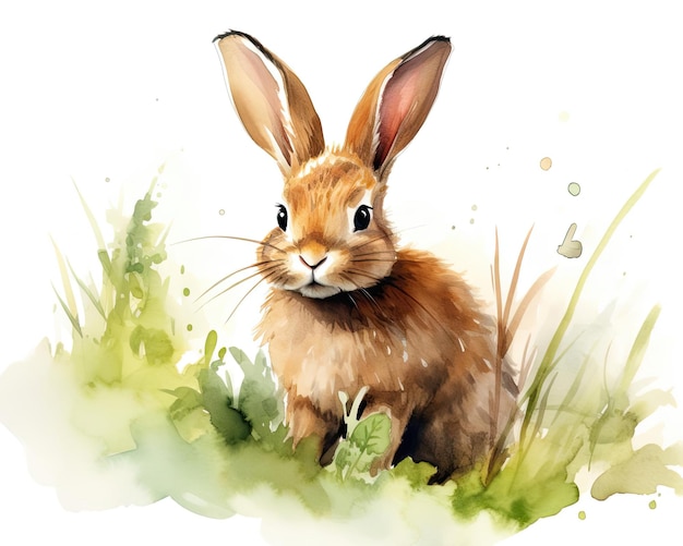 a rabbit walking in the grass watercolor illustration in the style of realistic animal portraits