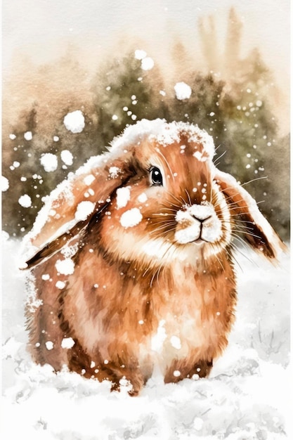 Rabbit watercolor winter background