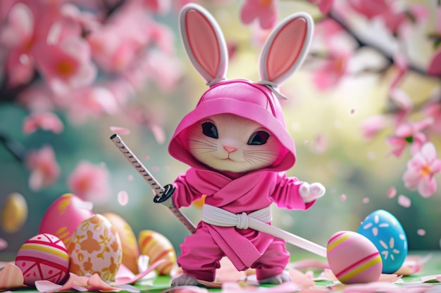 A rabbit wear pink ninja suit easter egg easter theme