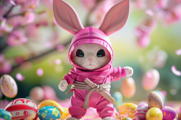 Кролик носит розовый костюм ниндзя Пасхальное яйцо Пасхальная тема