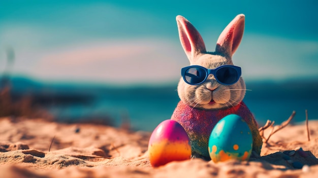 A rabbit wearing colorful sunglasses next to an Easter egg