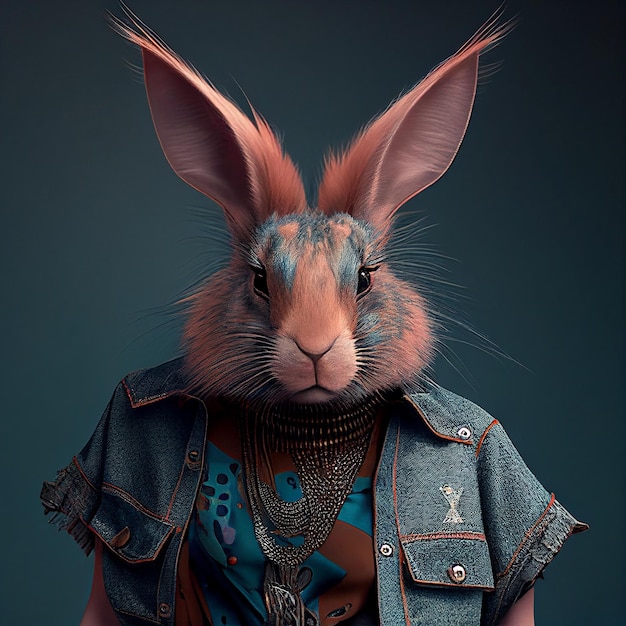 A rabbit wearing a denim jacket and a jacket with the word " on it. "