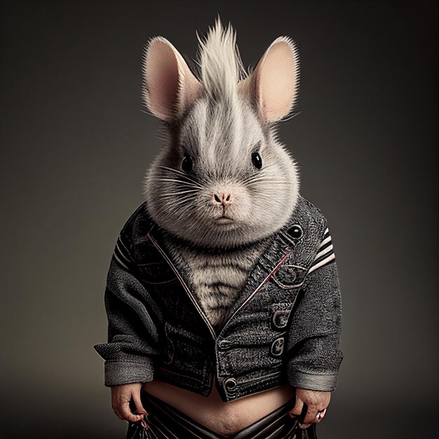 A rabbit wearing a denim jacket with the word rabbit on it.