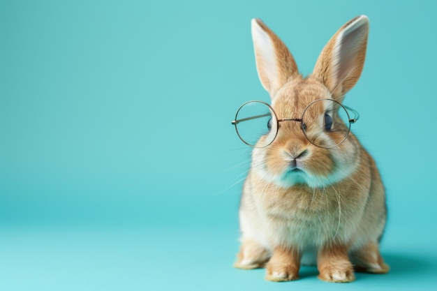 A rabbit wearing glasses is sitting on a blue surface Generative AI