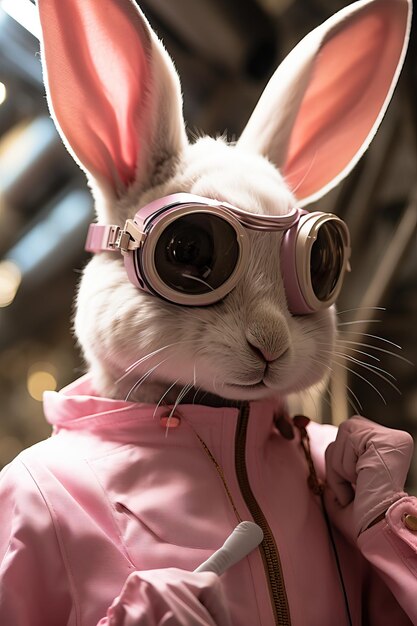 a rabbit wearing goggles and jacket