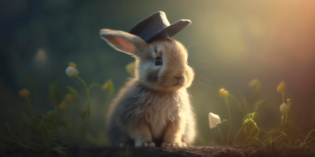Photo a rabbit wearing a hat sits in a field