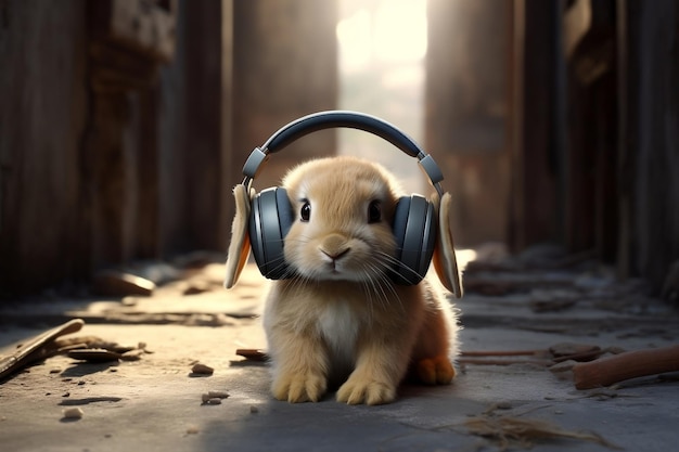 A Rabbit Wearing Headphones Relaxing on the Ground Generative AI