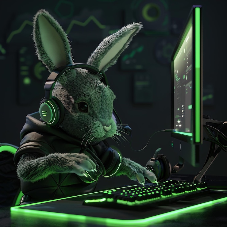 Photo a rabbit wearing headphones sits on a laptop with the green light on