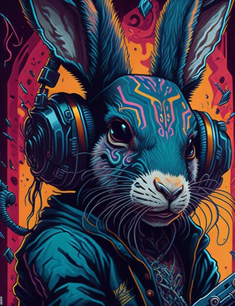 토끼는 헤드폰을 착용하고 페인트 스플래터가있는 헤드폰를 착용합니다.