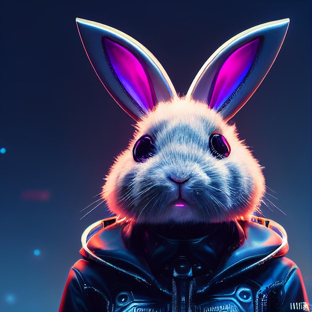 A rabbit wearing a jacket that says'the rabbit'on it