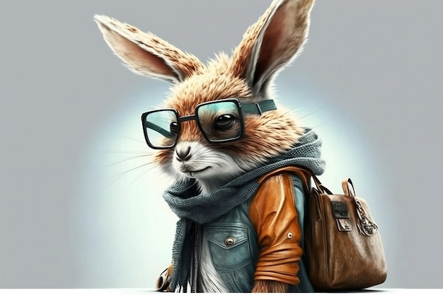 A rabbit wearing a leather jacket and glasses with a leather jacket and a backpack.