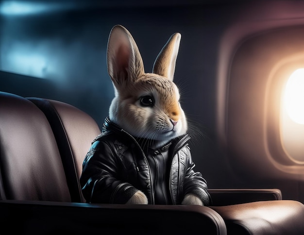 Photo a rabbit wearing a leather jacket sits in an airplane