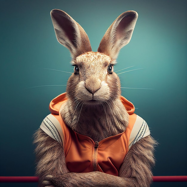 A rabbit wearing an orange jacket is leaning on a red bar.
