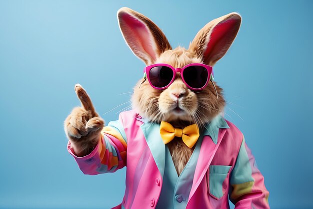 Photo a rabbit wearing a pink suit and pink sunglasses holds up a thumb up