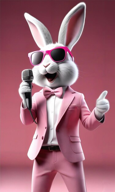 a rabbit wearing a pink suit and sunglasses holding a microphone