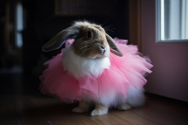 The rabbit wearing a pink tutu and ballet slippers