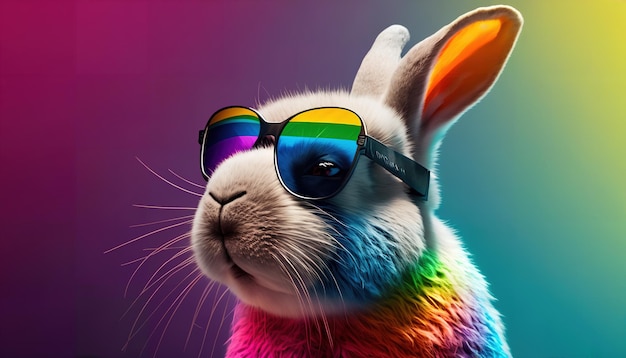 A rabbit wearing rainbow glasses looks at the camera