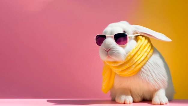 A rabbit wearing a scarf and sunglasses stands in front of a pink and yellow background.