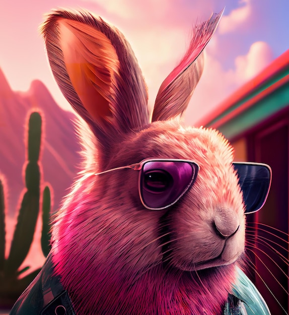 A rabbit wearing a shirt and sunglasses is standing in front of a mountain.