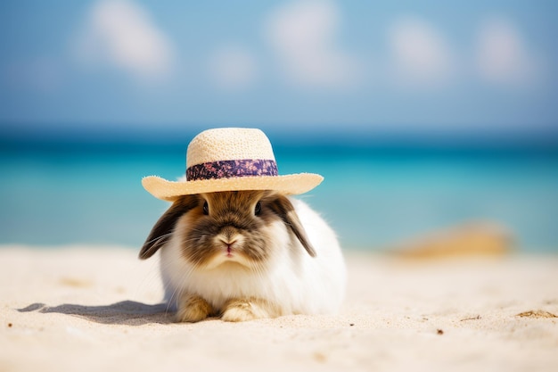 海を背景にビーチで麦わら帽子をかぶったウサギ 生成AI