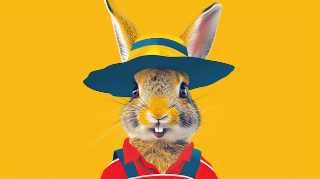 Photo a rabbit wearing a straw hat and a red shirt