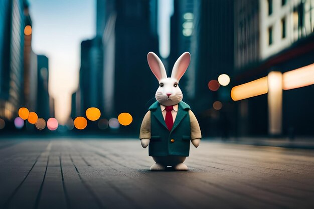 A rabbit wearing a suit and tie is on a wooden plank