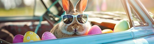 A rabbit wearing sunglasses beside Easter eggs in a vintage car on a sunny day