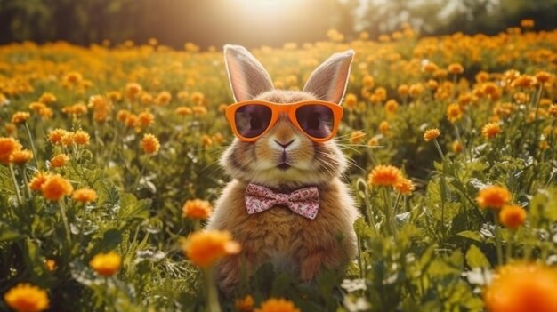 Кролик в темных очках в поле цветов