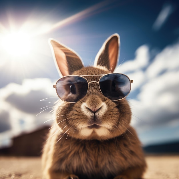 Rabbit wearing sunglasses in field on sunny day created using generative ai technology