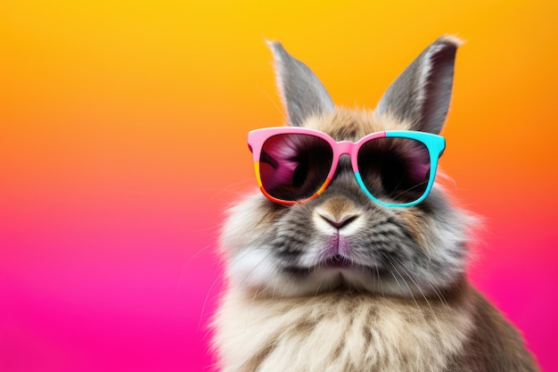 Rabbit wearing sunglasses on orange to pink background created using generative ai technology