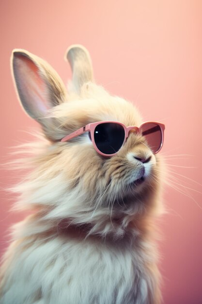 Rabbit wearing sunglasses on pink background created using generative ai technology